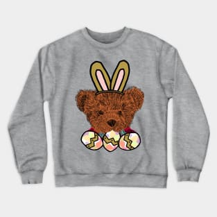 Happy Easter Bunny Ears on Teddy Bear Eating Easter Eggs Crewneck Sweatshirt